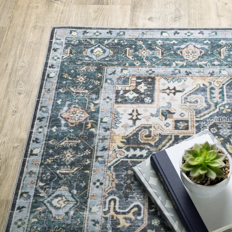 Blue Ivory Teal Brown And Gold Oriental Printed Stain Resistant Non Skid Runner Rug Photo 5