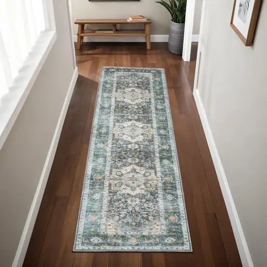 Blue Ivory Teal Brown And Gold Oriental Printed Stain Resistant Non Skid Runner Rug Photo 1