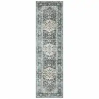 Photo of Blue Ivory Teal Brown And Gold Oriental Printed Stain Resistant Non Skid Runner Rug