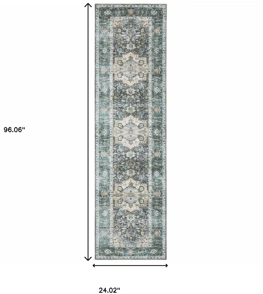 Blue Ivory Teal Brown And Gold Oriental Printed Stain Resistant Non Skid Runner Rug Photo 9