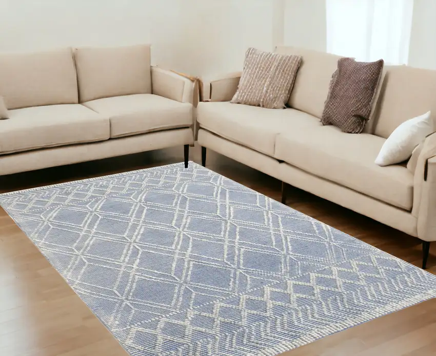 Blue And Ivory Geometric Dhurrie Area Rug Photo 1