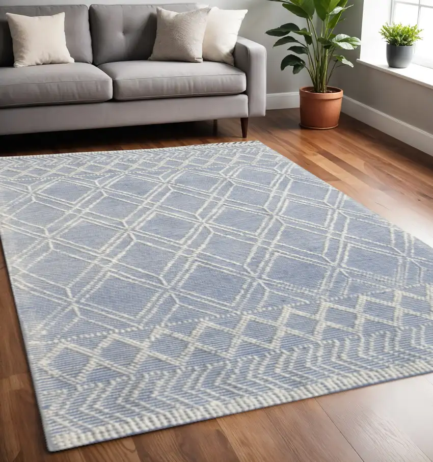 Blue and Ivory Geometric Handmade Area Rug Photo 2
