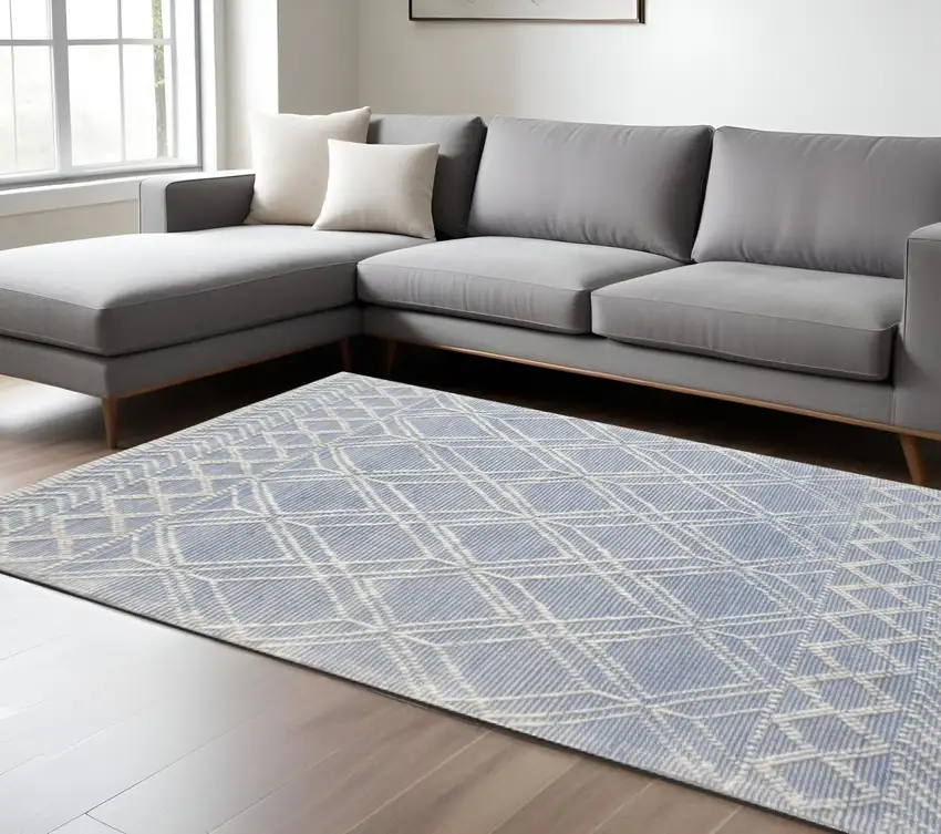 Blue and Ivory Geometric Handmade Area Rug Photo 2
