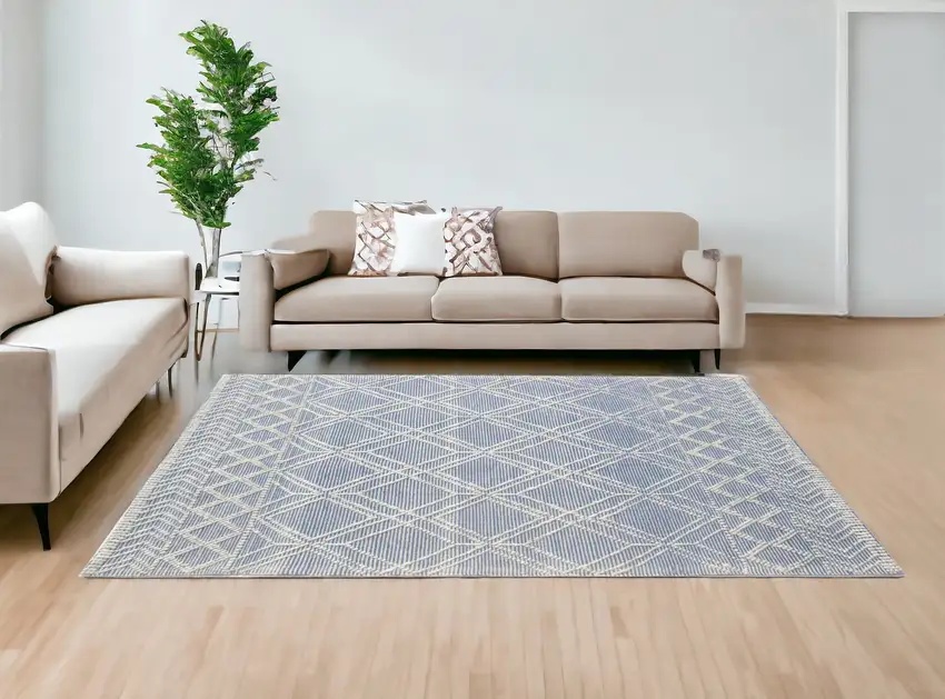 Blue And Ivory Geometric Dhurrie Area Rug Photo 1