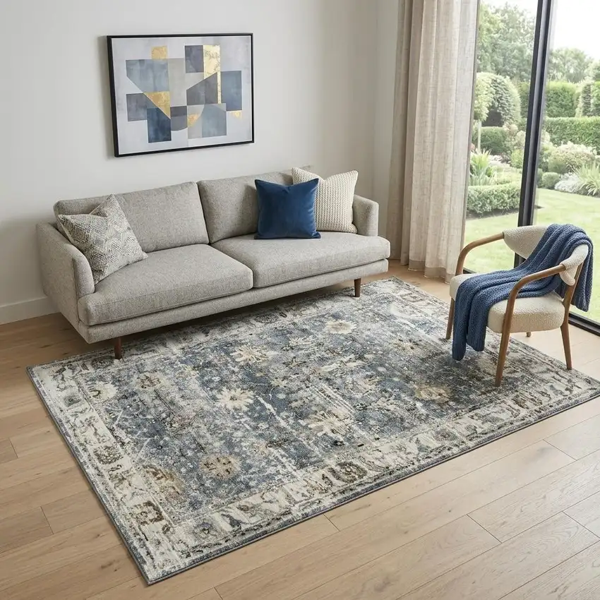 Blue Ivory and Brown Oriental Area Rug Photo 1