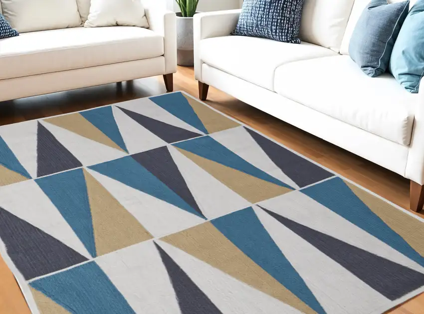 Blue Ivory and Gold Geometric Power Loom Area Rug Photo 1