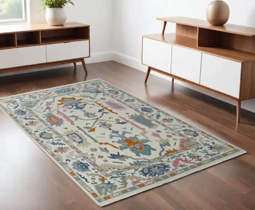 Blue Ivory and Pink Wool Floral Hand Knotted Area Rug With Fringe Photo 1