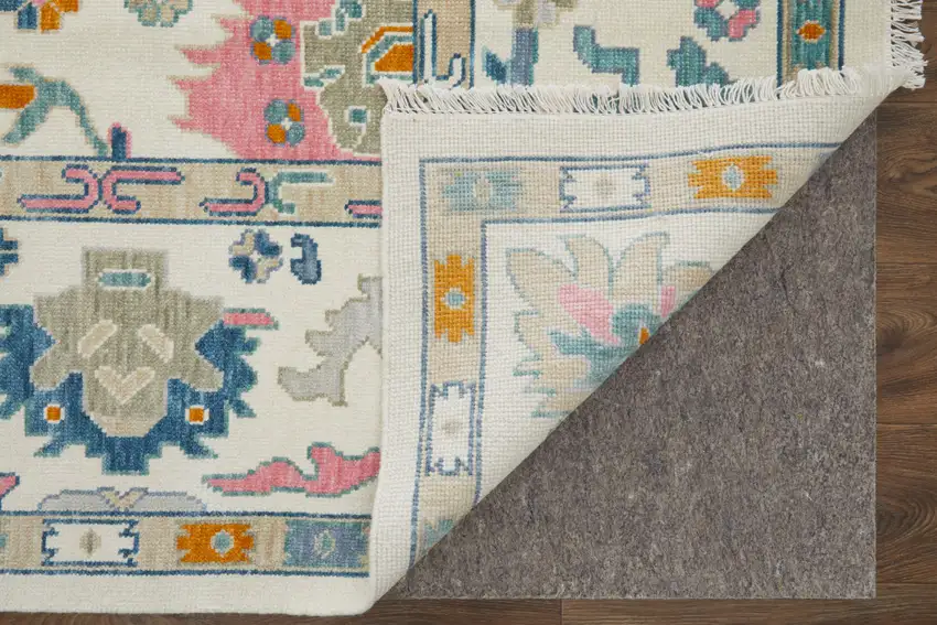 Blue Ivory and Pink Wool Floral Hand Knotted Area Rug With Fringe Photo 9