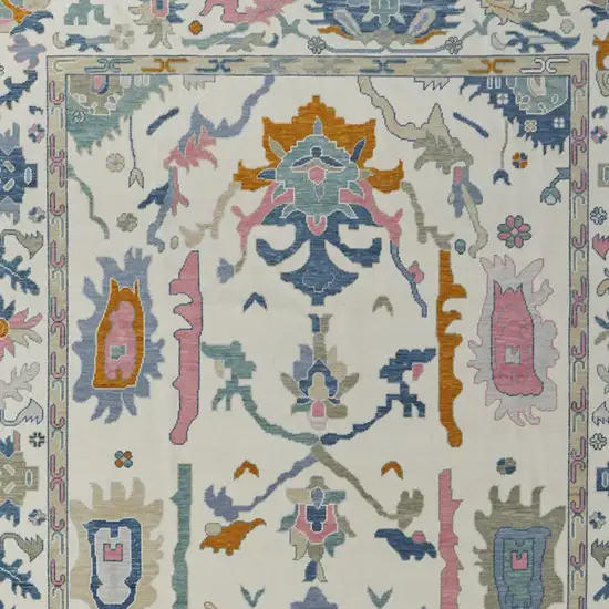 Blue Ivory and Pink Wool Floral Hand Knotted Area Rug With Fringe Photo 8