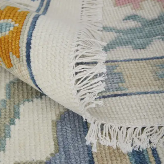 Blue Ivory and Pink Wool Floral Hand Knotted Area Rug With Fringe Photo 9
