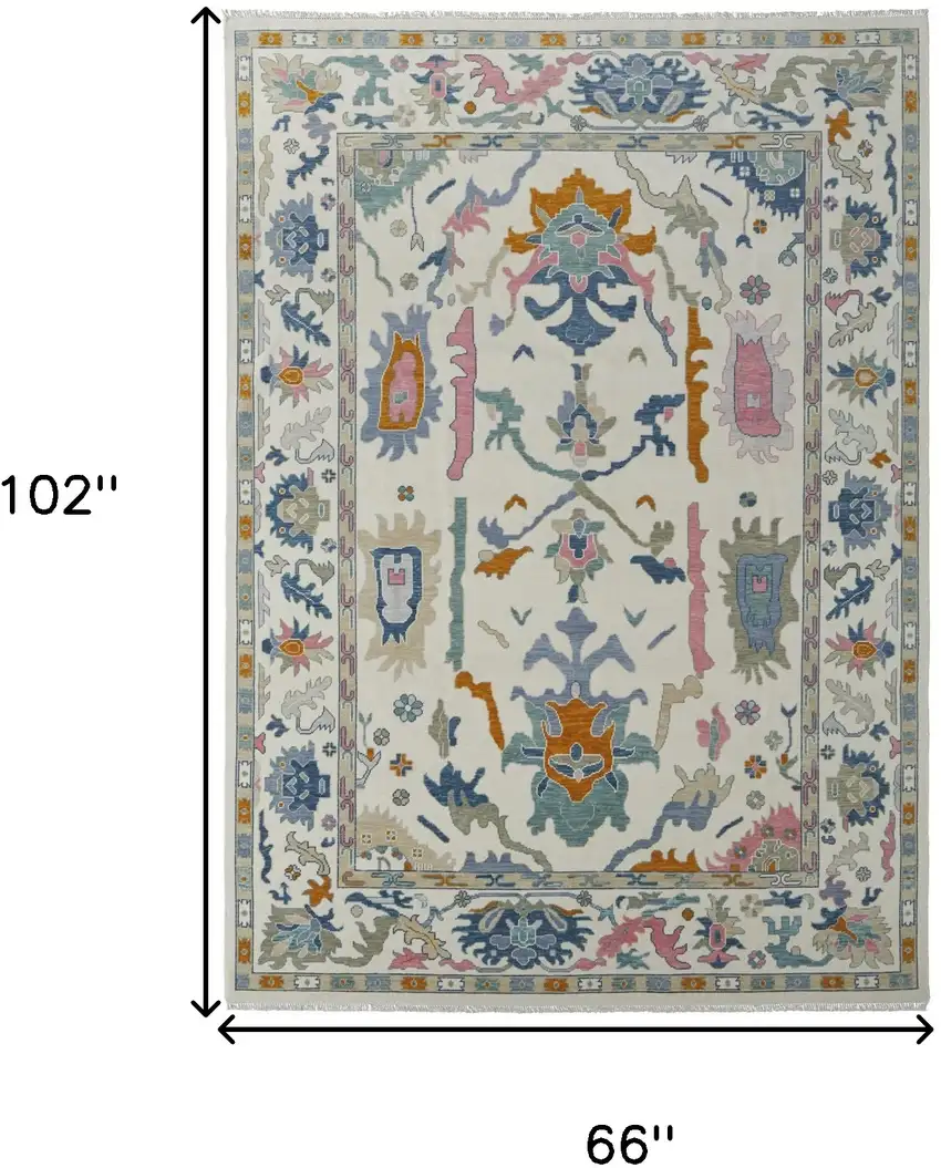 Blue Ivory and Pink Wool Floral Hand Knotted Area Rug With Fringe Photo 3