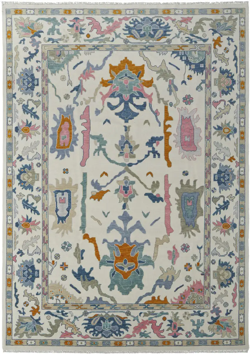 Blue Ivory and Pink Wool Floral Hand Knotted Area Rug With Fringe Photo 2