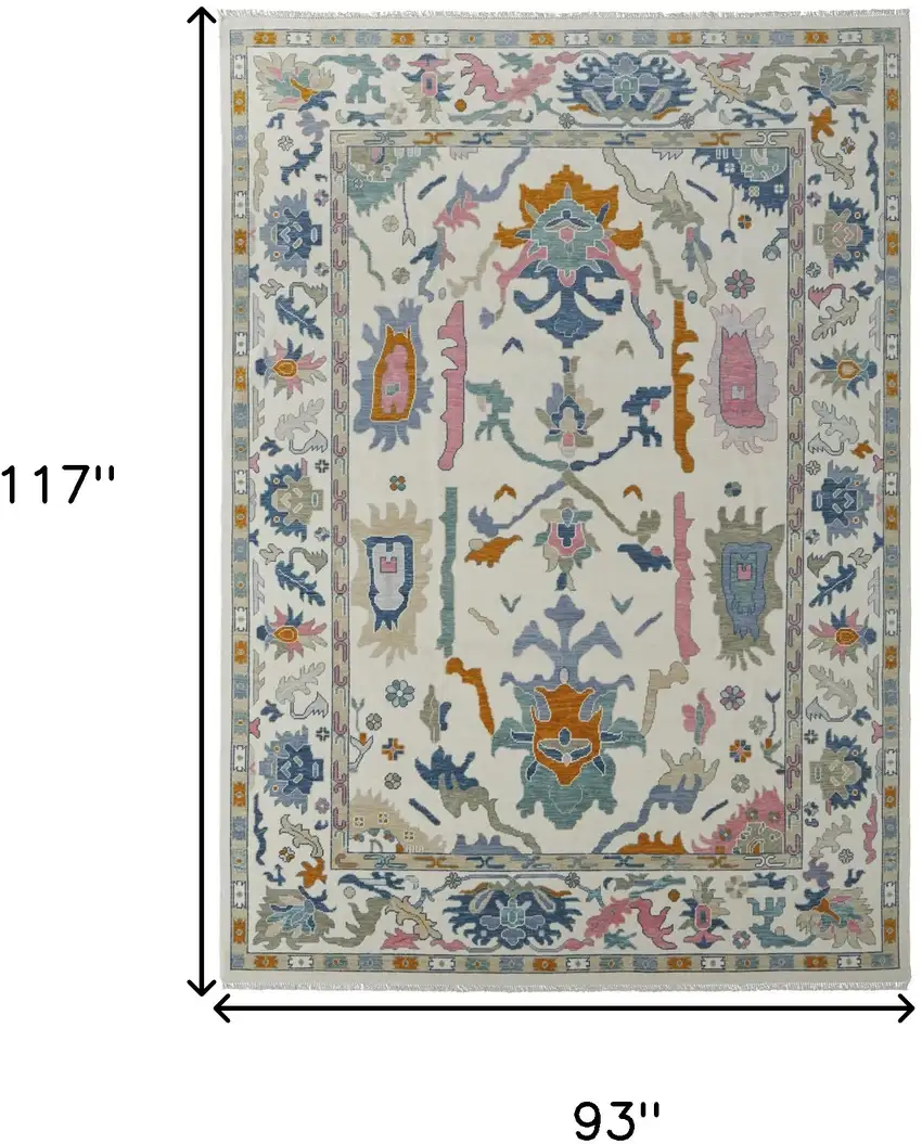 Blue Ivory and Pink Wool Floral Hand Knotted Area Rug With Fringe Photo 3