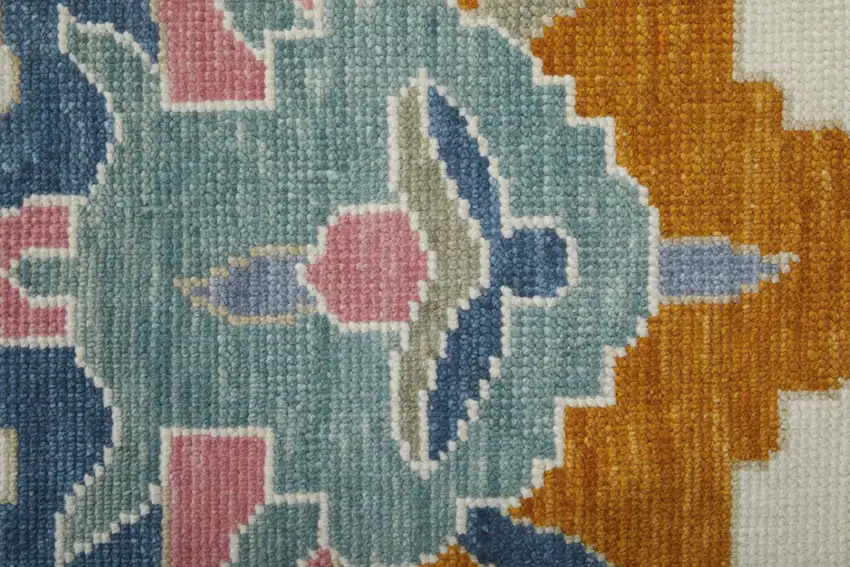 Blue Ivory and Pink Wool Floral Hand Knotted Area Rug With Fringe Photo 7