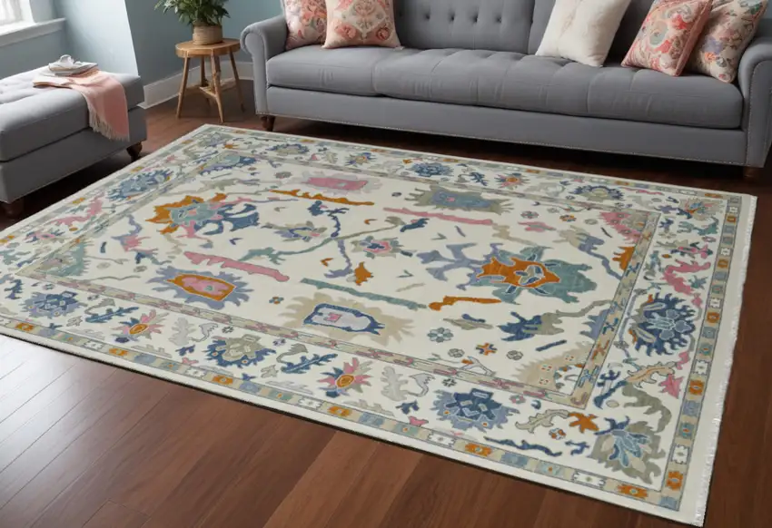 Blue Ivory and Pink Wool Floral Hand Knotted Area Rug With Fringe Photo 1
