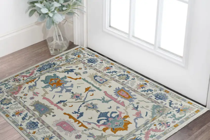 Blue Ivory and Pink Wool Floral Hand Knotted Area Rug With Fringe Photo 1