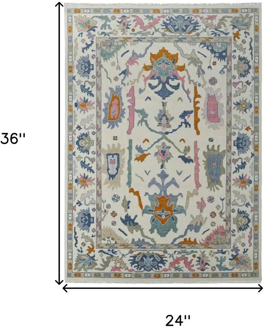 Blue Ivory and Pink Wool Floral Hand Knotted Area Rug With Fringe Photo 3