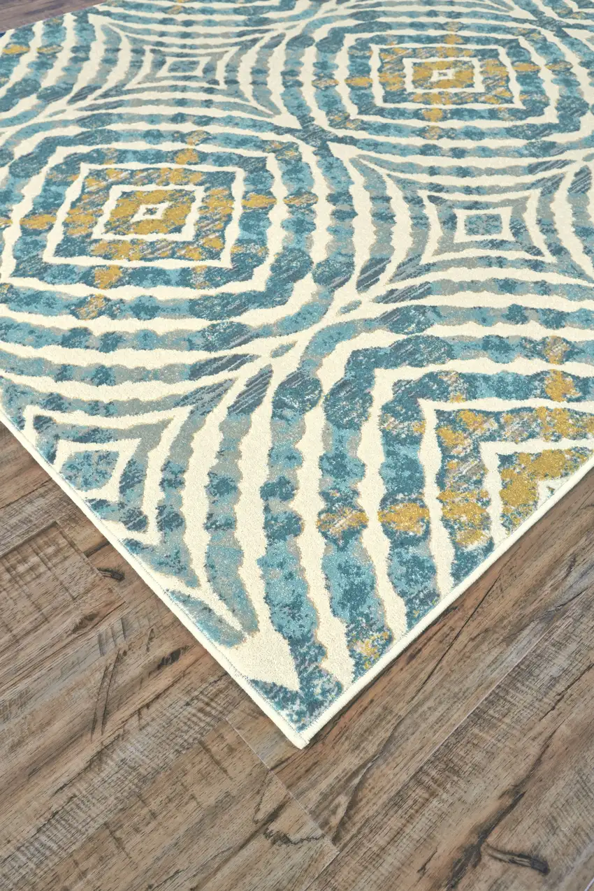 Blue Ivory and Yellow Abstract Power Loom Area Rug Photo 7