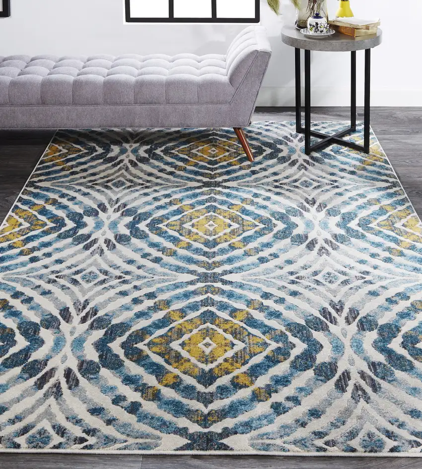Blue Ivory and Yellow Abstract Power Loom Area Rug Photo 8