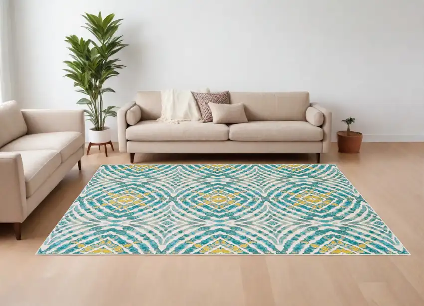 Blue Ivory and Yellow Abstract Power Loom Area Rug Photo 1
