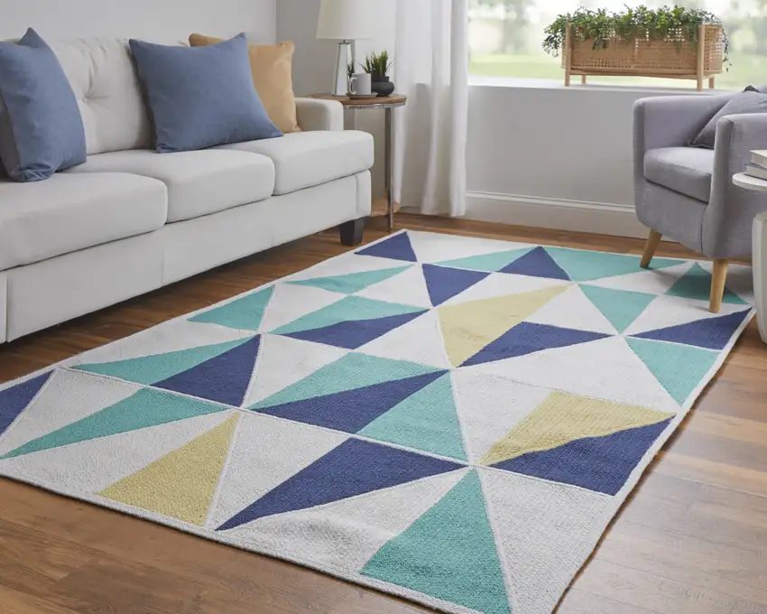 Blue Ivory and Yellow Geometric Power Loom Area Rug Photo 8