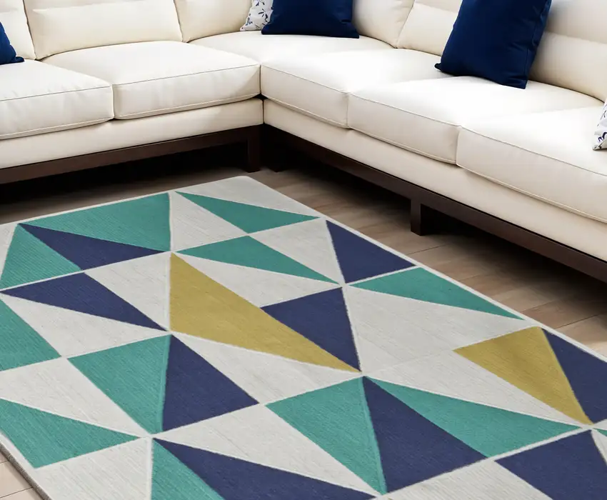 Blue Ivory and Yellow Geometric Power Loom Area Rug Photo 1