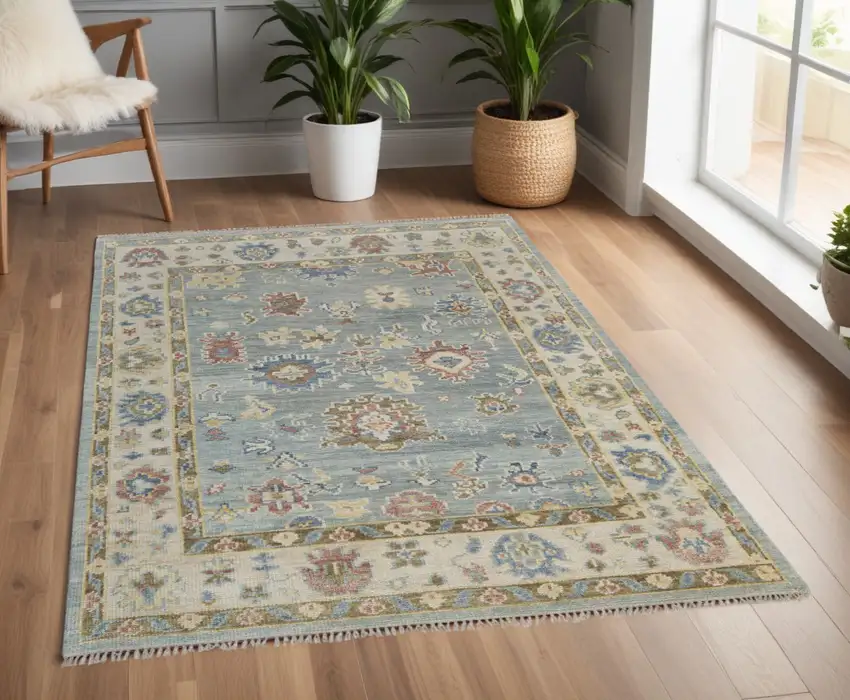 Blue Ivory and Yellow Wool Floral Hand Knotted Area Rug With Fringe Photo 1