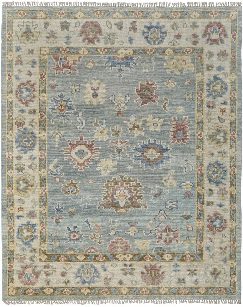 Blue Ivory and Yellow Wool Floral Hand Knotted Area Rug With Fringe Photo 5