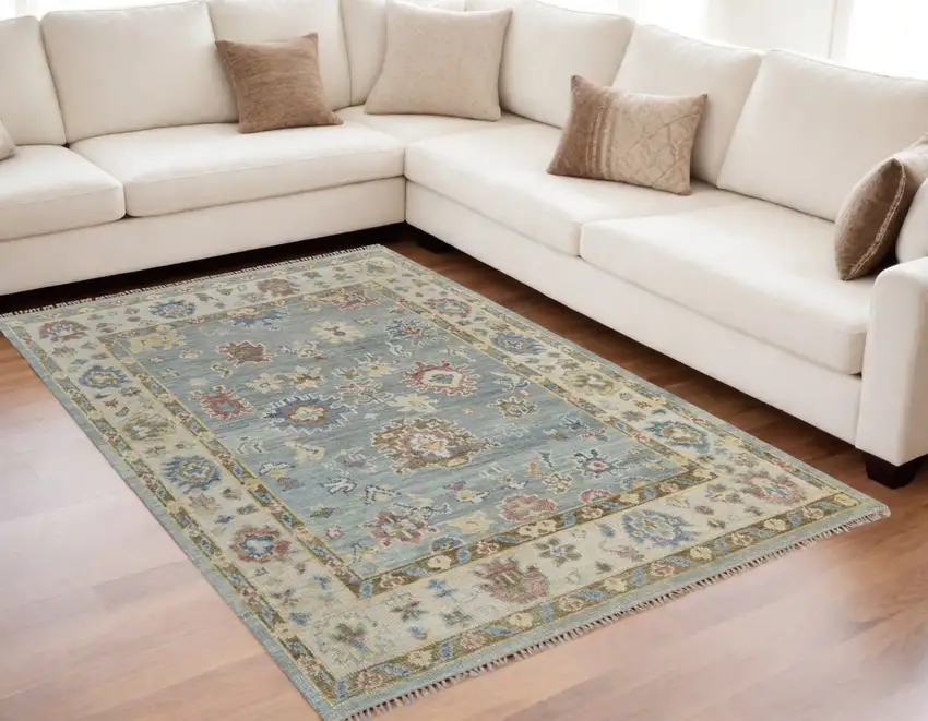 Blue Ivory and Yellow Wool Floral Hand Knotted Area Rug With Fringe Photo 1