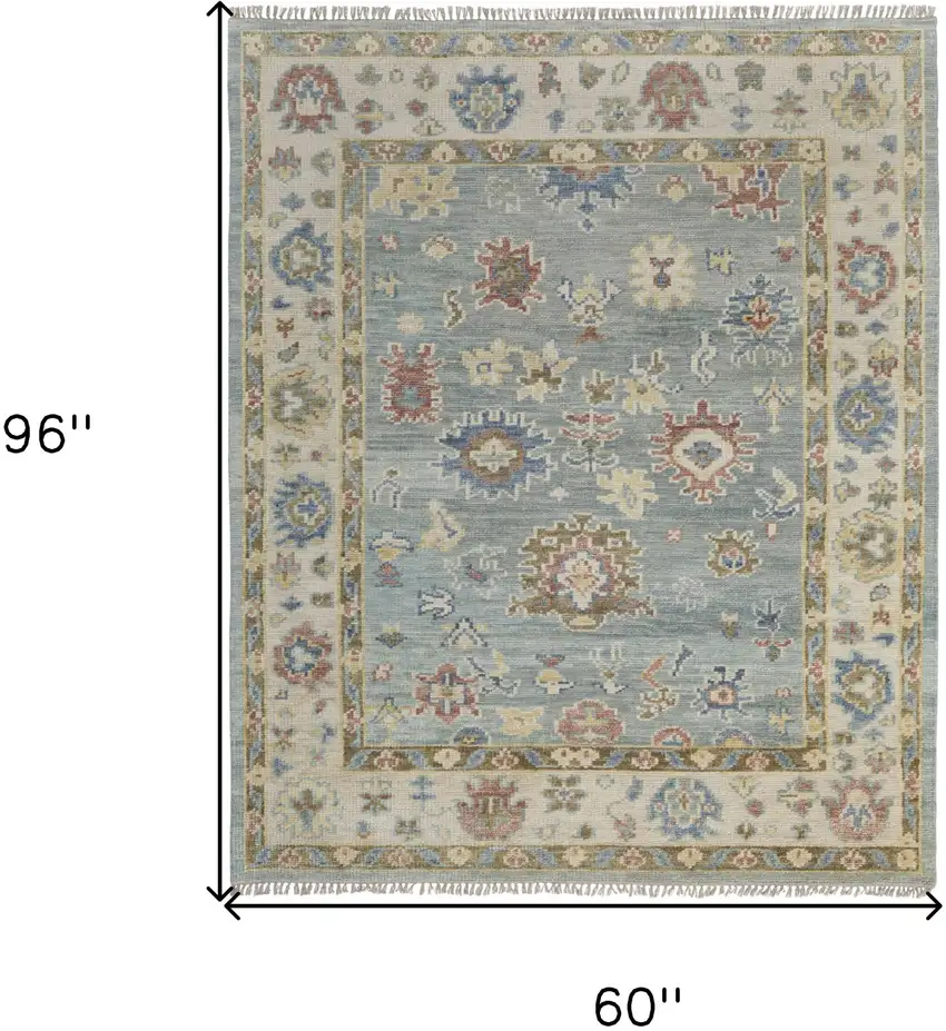 Blue Ivory and Yellow Wool Floral Hand Knotted Area Rug With Fringe Photo 3