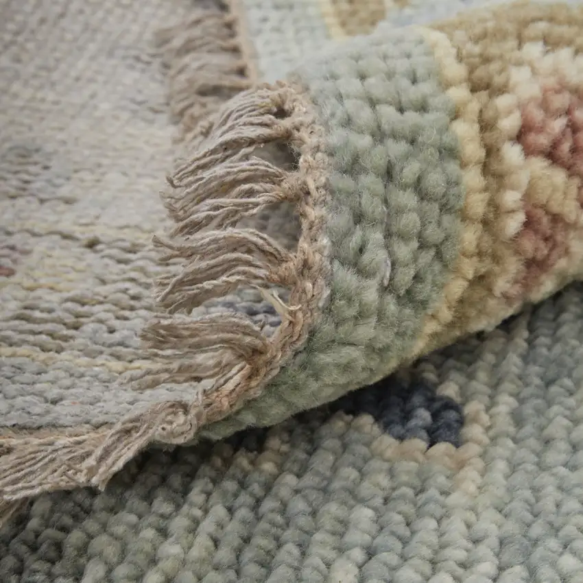 Blue Ivory and Yellow Wool Floral Hand Knotted Area Rug With Fringe Photo 9