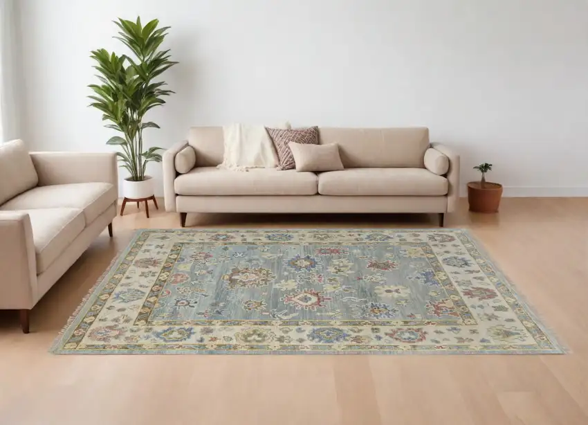 Blue Ivory and Yellow Wool Floral Hand Knotted Area Rug With Fringe Photo 1