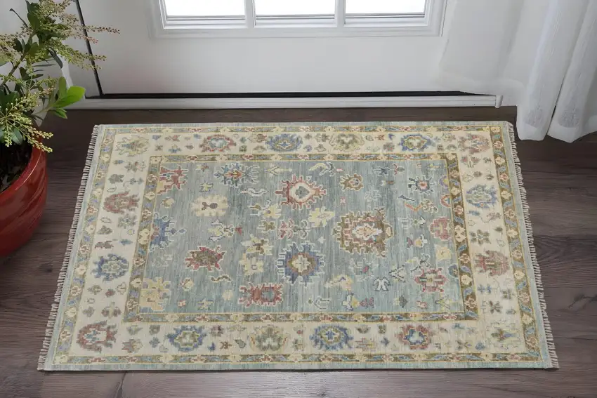 Blue Ivory and Yellow Wool Floral Hand Knotted Area Rug With Fringe Photo 1