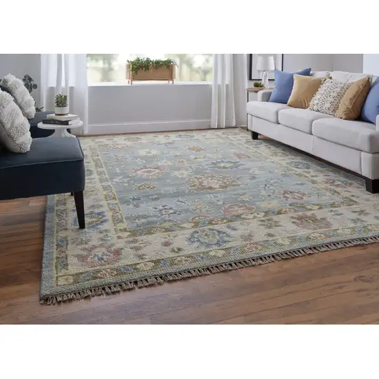 Blue Ivory and Yellow Wool Floral Hand Knotted Area Rug With Fringe Photo 9