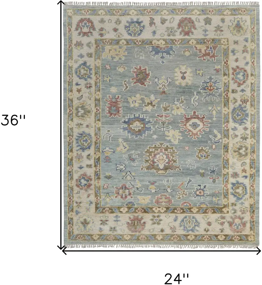 Blue Ivory and Yellow Wool Floral Hand Knotted Area Rug With Fringe Photo 3