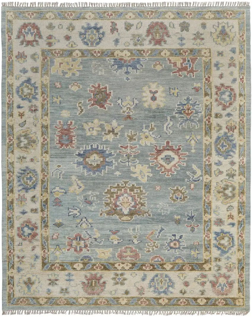 Blue Ivory and Yellow Wool Floral Hand Knotted Area Rug With Fringe Photo 2