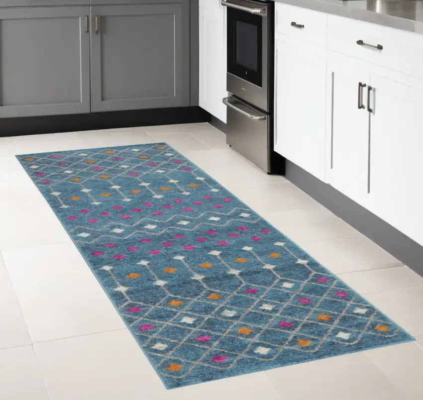 8' Blue And Orange Geometric Runner Rug Photo 2