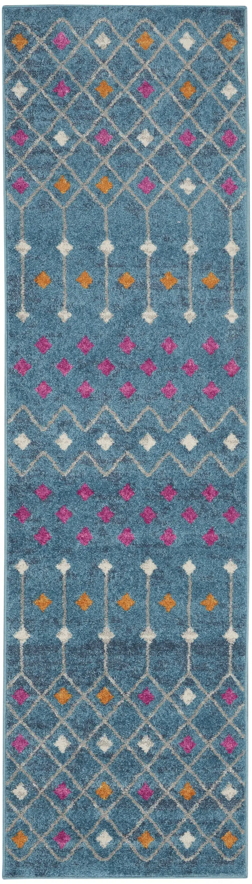 8' Blue And Orange Geometric Runner Rug Photo 1