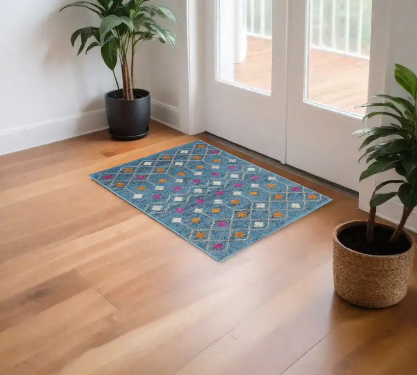 Blue And Orange Geometric Dhurrie Area Rug Photo 1