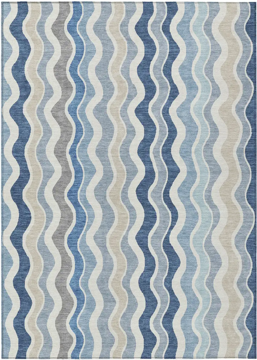 Blue Khaki And Ivory Striped Washable Indoor Outdoor Area Rug Photo 2