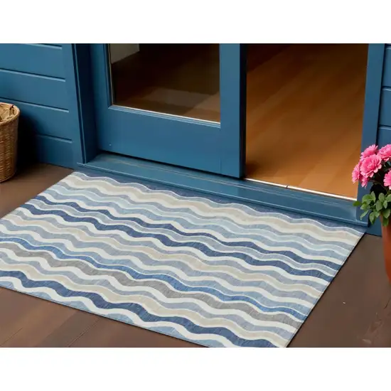 Blue Khaki And Ivory Striped Washable Indoor Outdoor Area Rug Photo 1