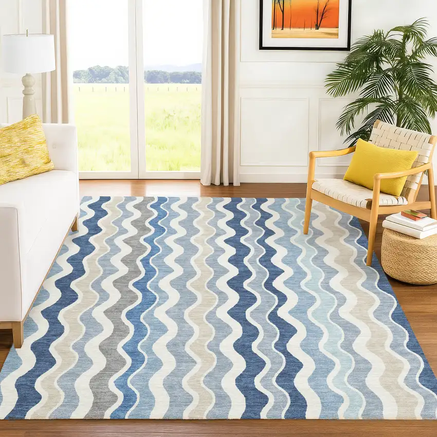 Blue Khaki And Ivory Striped Washable Indoor Outdoor Area Rug Photo 9