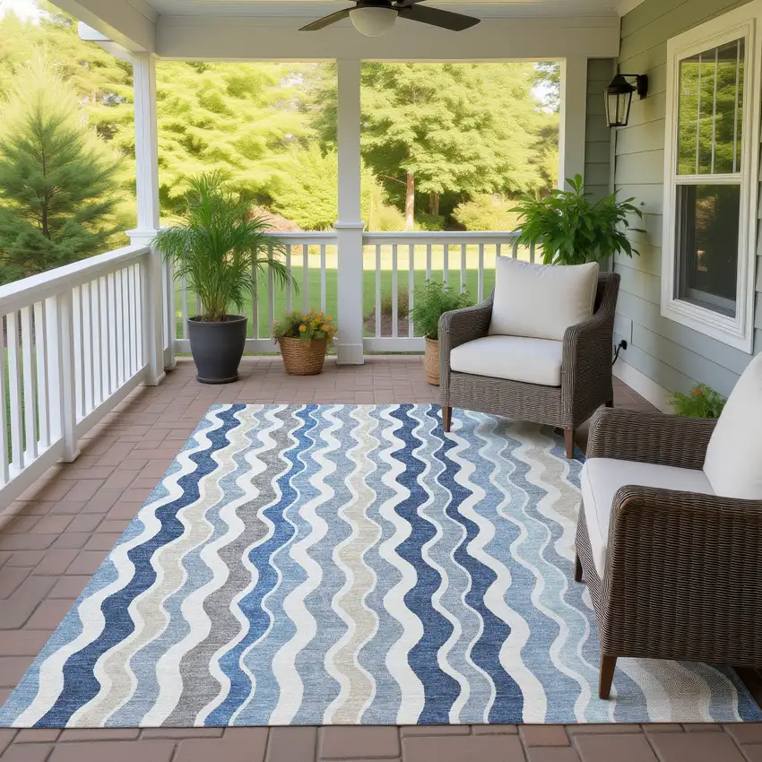 Blue Khaki And Ivory Striped Washable Indoor Outdoor Area Rug Photo 9