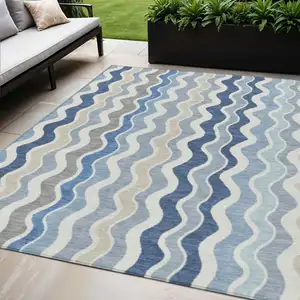 Photo of Blue Khaki And Ivory Striped Washable Indoor Outdoor Area Rug