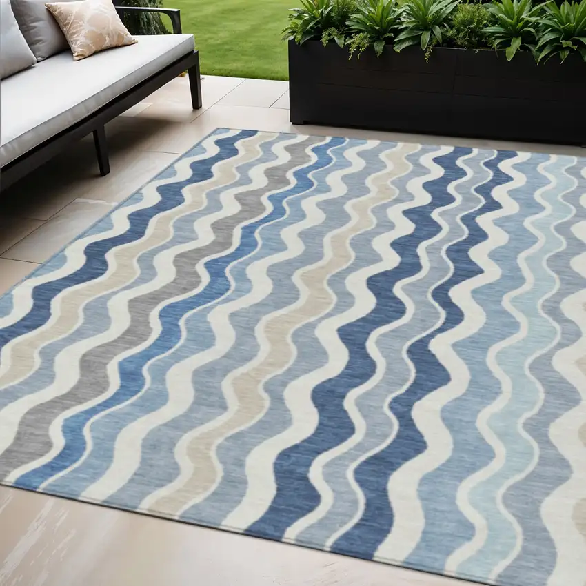 Blue Khaki And Ivory Striped Washable Indoor Outdoor Area Rug Photo 1