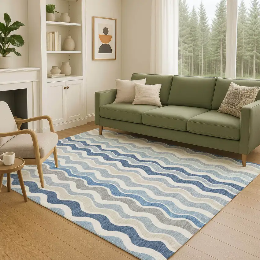 Blue Khaki And Ivory Striped Washable Indoor Outdoor Area Rug Photo 8