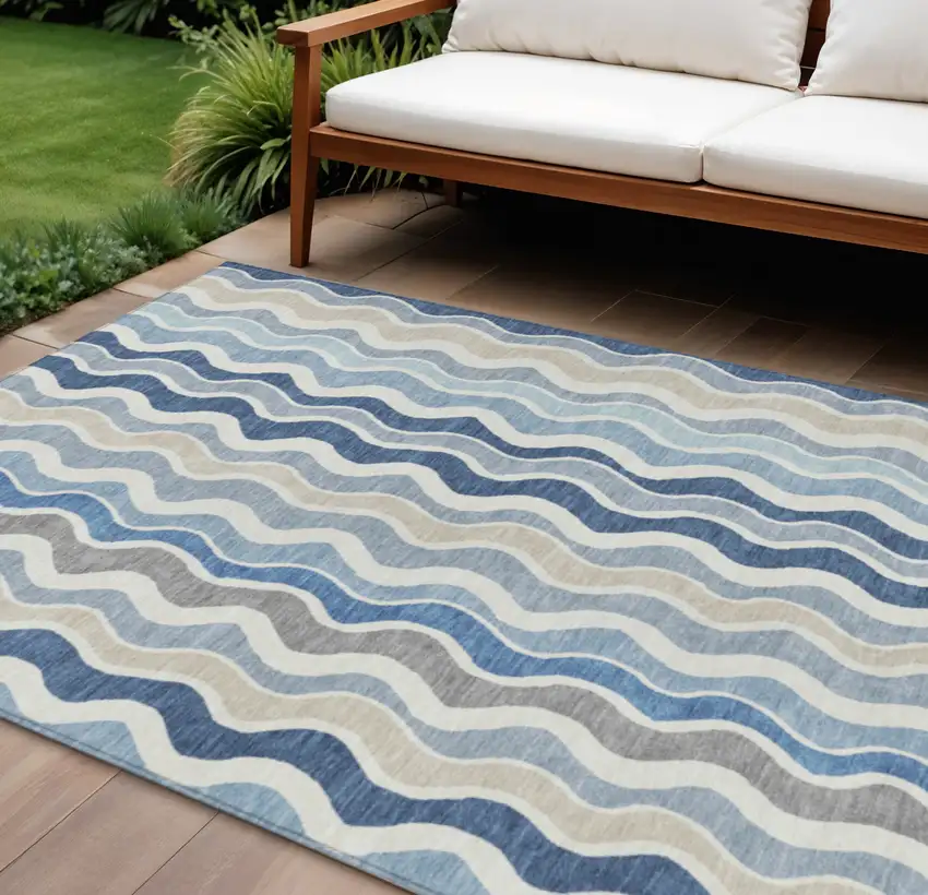 Blue Khaki And Ivory Striped Washable Indoor Outdoor Area Rug Photo 1