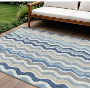 Photo of Blue Khaki And Ivory Striped Washable Indoor Outdoor Area Rug