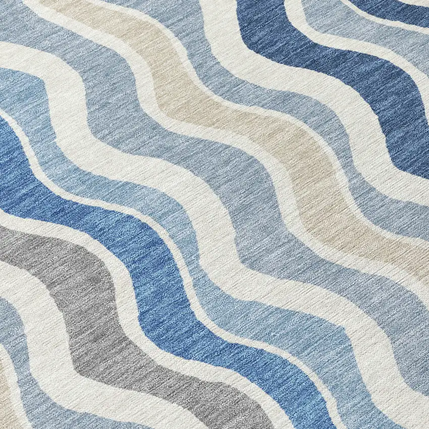 Blue Khaki And Ivory Striped Washable Indoor Outdoor Area Rug Photo 8