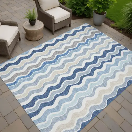 Blue Khaki And Ivory Striped Washable Indoor Outdoor Area Rug Photo 8